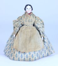 Early glazed china shoulder head doll in original clothes, German circa 1850,