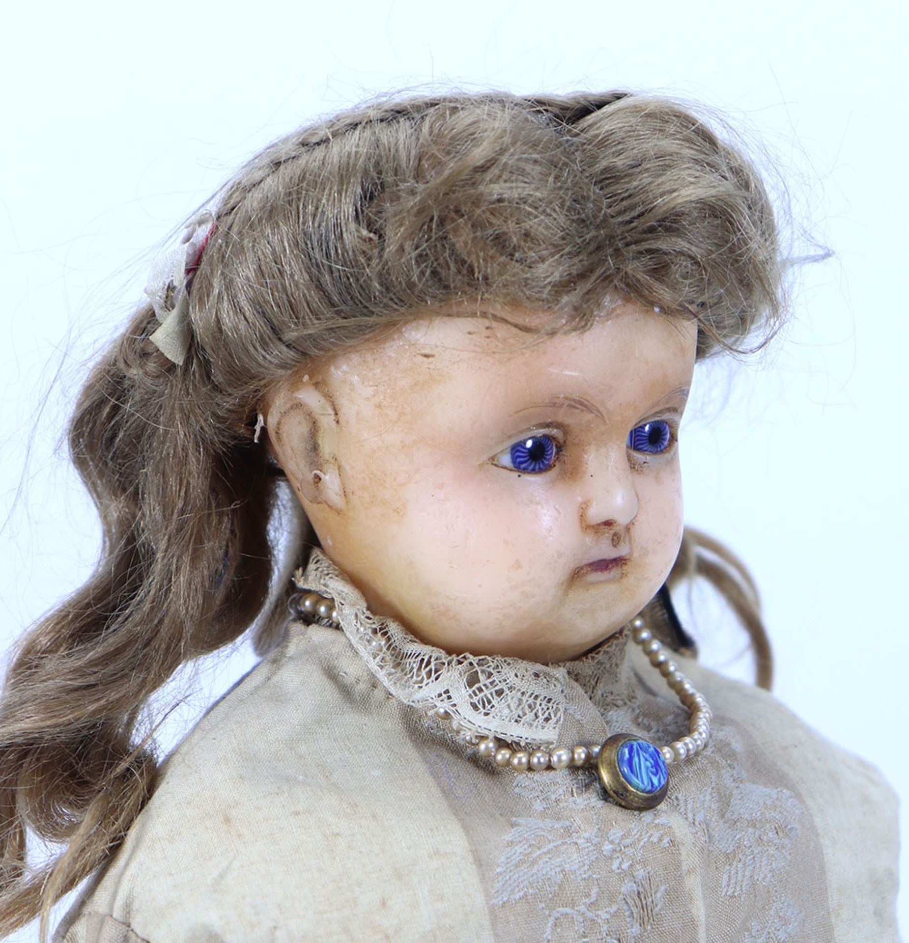 A wax over composition shoulder head doll, German 1880s,