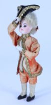 A miniature bisque head squeeze-toy gentleman doll with tricorn hat, probably French circa 1890,
