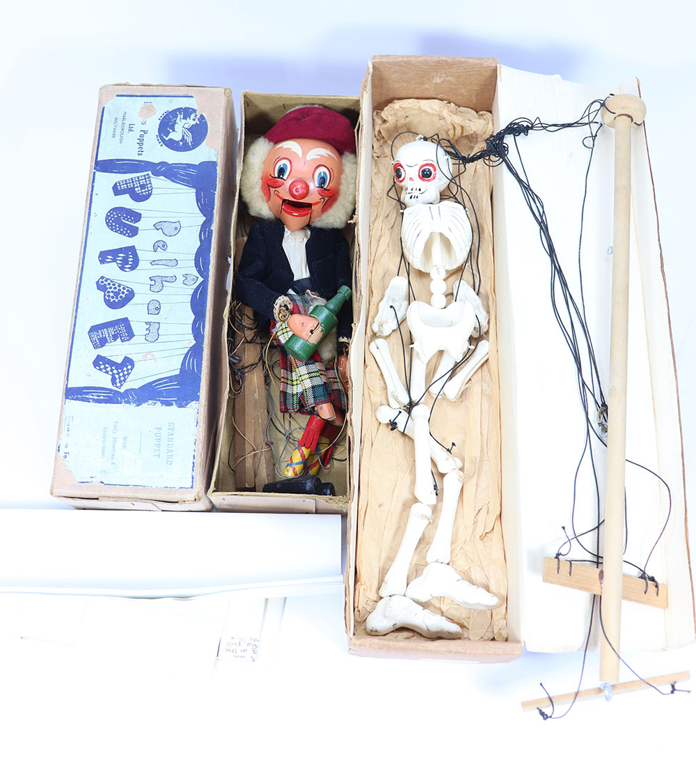 Pelham Puppets boxed MacBoozle and Skeleton, 1950s,