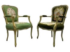 Near pair of French Louis XVI design lacquered hardwood-framed parlour elbow chairs