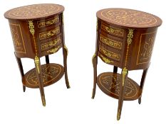 Pair of French design inlaid mahogany bedside lamp tables