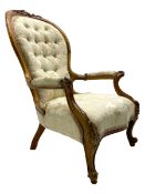 Victorian walnut framed drawing room open armchair