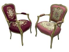 Near pair of French Louis XVI design lacquered hardwood-framed parlour elbow chairs