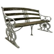 Late 19th century white painted cast iron and wood slatted garden bench