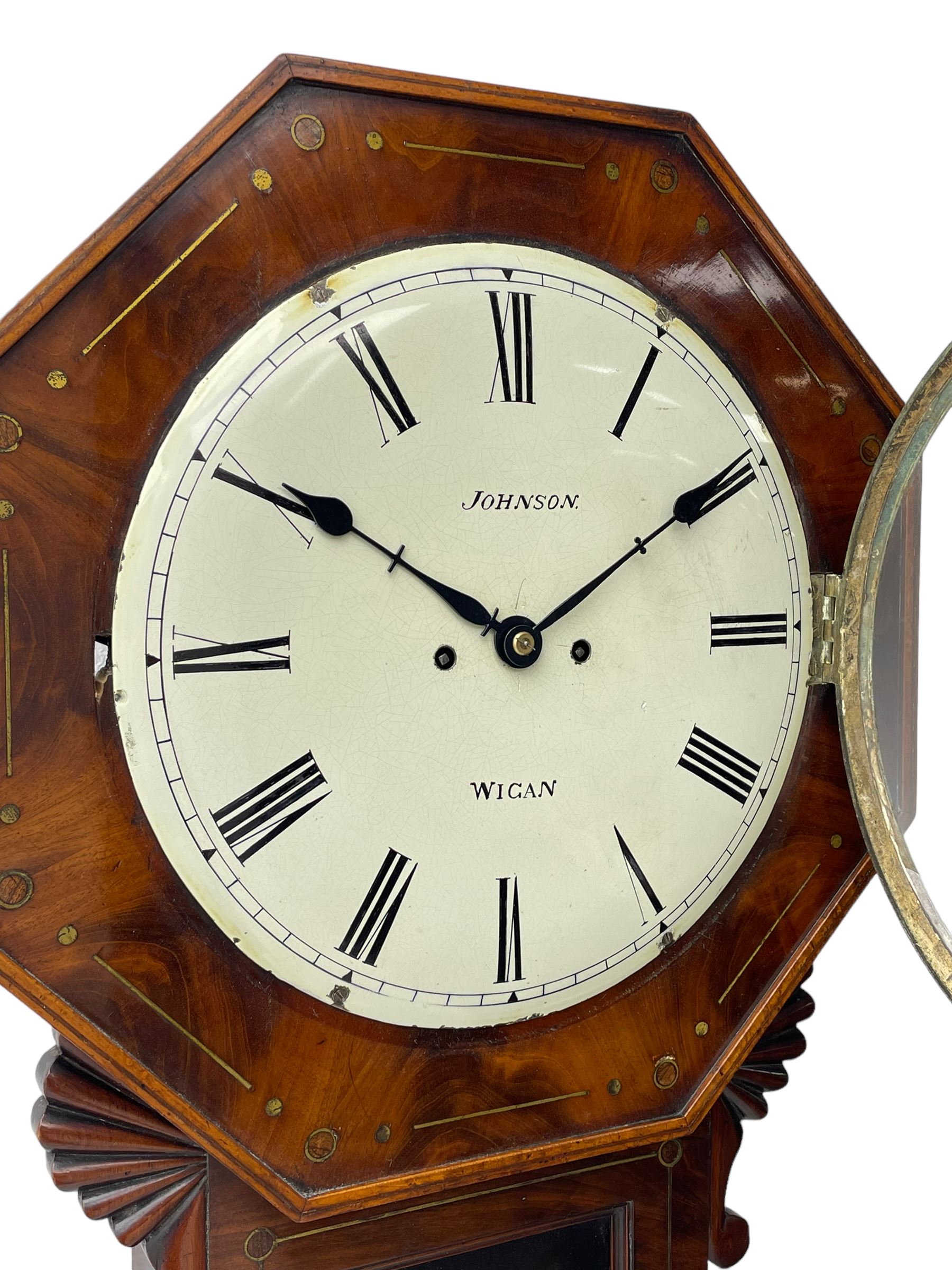 Charles Johnson of Wigan - mid-19th century twin fusee mahogany drop-dial wall clock - Image 4 of 12