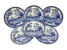 Five 19th century Spode blue and white dinner plates