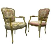 Near pair of French Louis XVI design lacquered hardwood-framed parlour elbow chairs