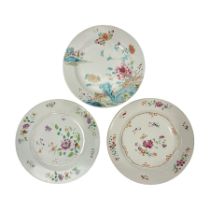 Three 18th century Chinese Famille Rose plates