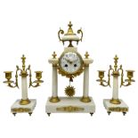 French - Late 19th century 8-day white marble and gilt metal portico clock garniture