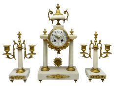 French - Late 19th century 8-day white marble and gilt metal portico clock garniture