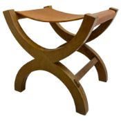 Mouseman - oak curved X-framed stool with slug tan leather seat