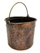 19th century riveted copper and brass mounted coal bucket of cylindrical form