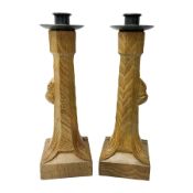 Mouseman - pair of tooled oak candlesticks