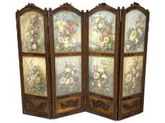 Victorian walnut framed four panel folding screen