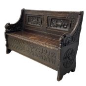 19th century carved oak box-seat hall bench
