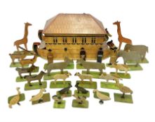 Scratch built wooden Noah's Ark with painted decoration and twenty seven two-dimensional painted woo
