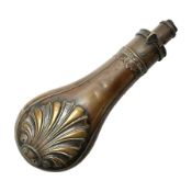 19th century copper and brass powder flask by G. & J. Hawksley Sheffield embossed with stylised shel