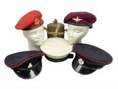 Five military caps/berets comprising two peaked caps with 'Yorkshire' and 'Royal Engineers' badges;