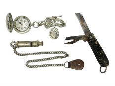 WWI J. Hudson & Co. Birmingham trench whistle dated 1915 on chain with leather button fob; WWI Denni