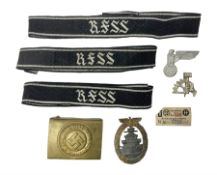 Three Reichsfuhrer 'SS' cuff titles; RZM 'SS' paper tag; German Water Police belt buckle; Destroyers