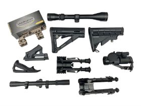 Assorted shooting accessories including two telescopic sights