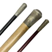 Three parade ground canes - malacca cane Coldstream Guards with plated mount engraved 'H.A. Myhan' L