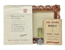 WWII Home Guard Service certificate to Albert John Pullinger with WWII Defence Medal; fretworked woo