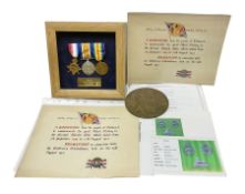 WWI group of three medals with bronze memorial plaque comprising 1914-15 Star