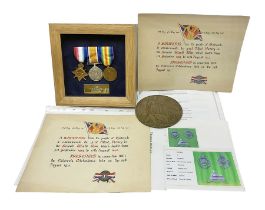 WWI group of three medals with bronze memorial plaque comprising 1914-15 Star