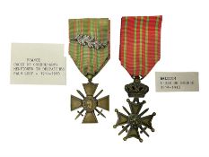 WWI French 1914-1916 Croix de Guerre with MID leaf and ribbon; and WWI Belgian 1914-1918 Croix de Gu