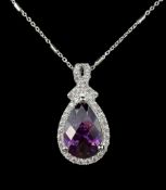 Silver cubic zirconia and purple stone set pendant necklace