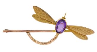 Early 20th century rose gold amethyst dragonfly brooch