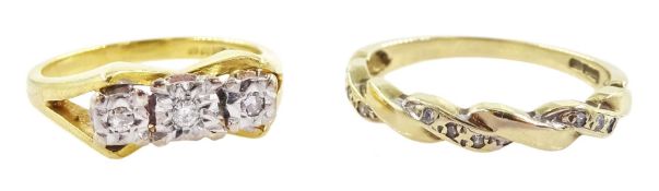 18ct gold three stone diamond chip ring and a 9ct gold diamond crossover ring