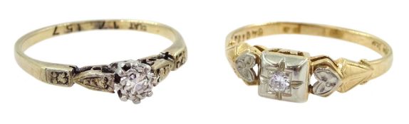 Gold single stone diamond ring and a gold single stone white sapphire ring