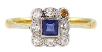 Early 20th century square cut sapphire and old cut diamond cluster ring