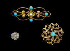 Edwardian 15ct gold turquoise pearl brooch