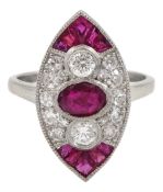 Platinum ruby and diamond marquise shaped ring