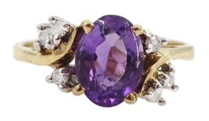 9ct gold oval cut amethyst and round brilliant cut diamond ring