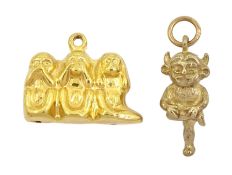 Two 9ct gold pendant / charms including the three wise monkeys and Lincoln Imp