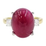 18ct gold three stone cabochon ruby and round brilliant cut diamond ring