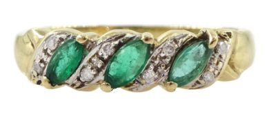 9ct gold three stone marquise cut emerald and diamond chip ring