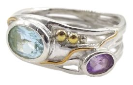 Silver and 14ct gold wire blue topaz and amethyst ring