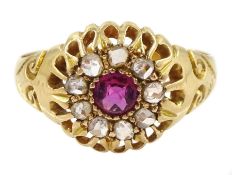 Edwardian 18ct gold ruby and diamond chip cluster ring