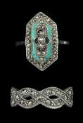 Silver marcasite and turquoise ring and a silver marcasite crossover ring