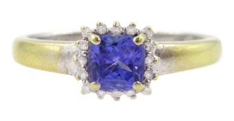 18ct gold cushion cut tanzanite and diamond cluster ring