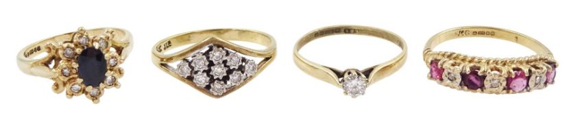 Four 9ct gold rings including single stone diamond