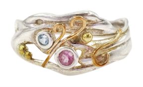 Silver and 14ct gold wire blue and pink topaz ring