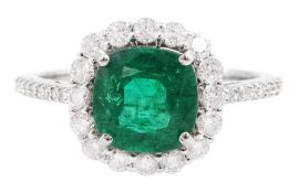 18ct white gold cushion cut emerald and round brilliant cut diamond cluster ring