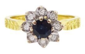 18ct gold sapphire and round brilliant cut diamond flower head cluster ring